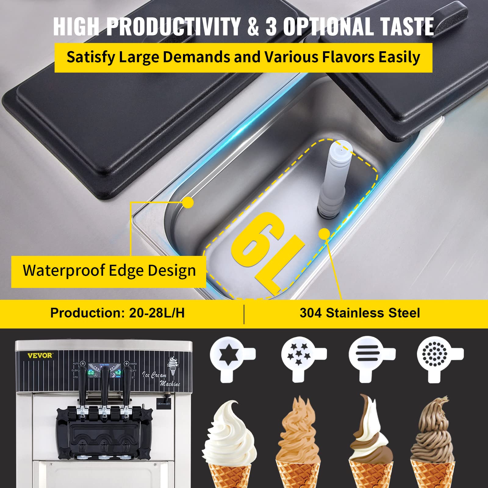 Vevor 2200W Commercial Soft Ice Cream Machine 3 Flavors 5.3 To 7.4Gallons Per Hour Auto Clean Led Panel Perfect For Restaurants